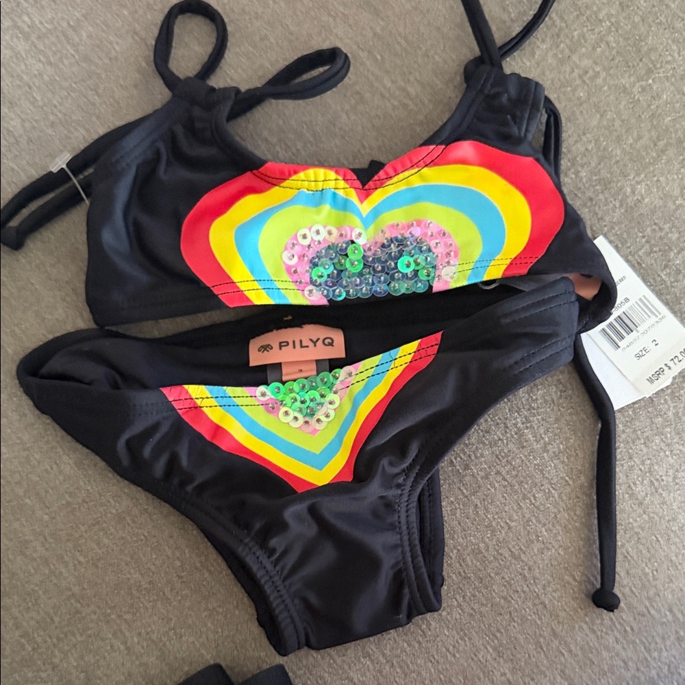 Pilyq Black Bikini with Rainbow Heart Design